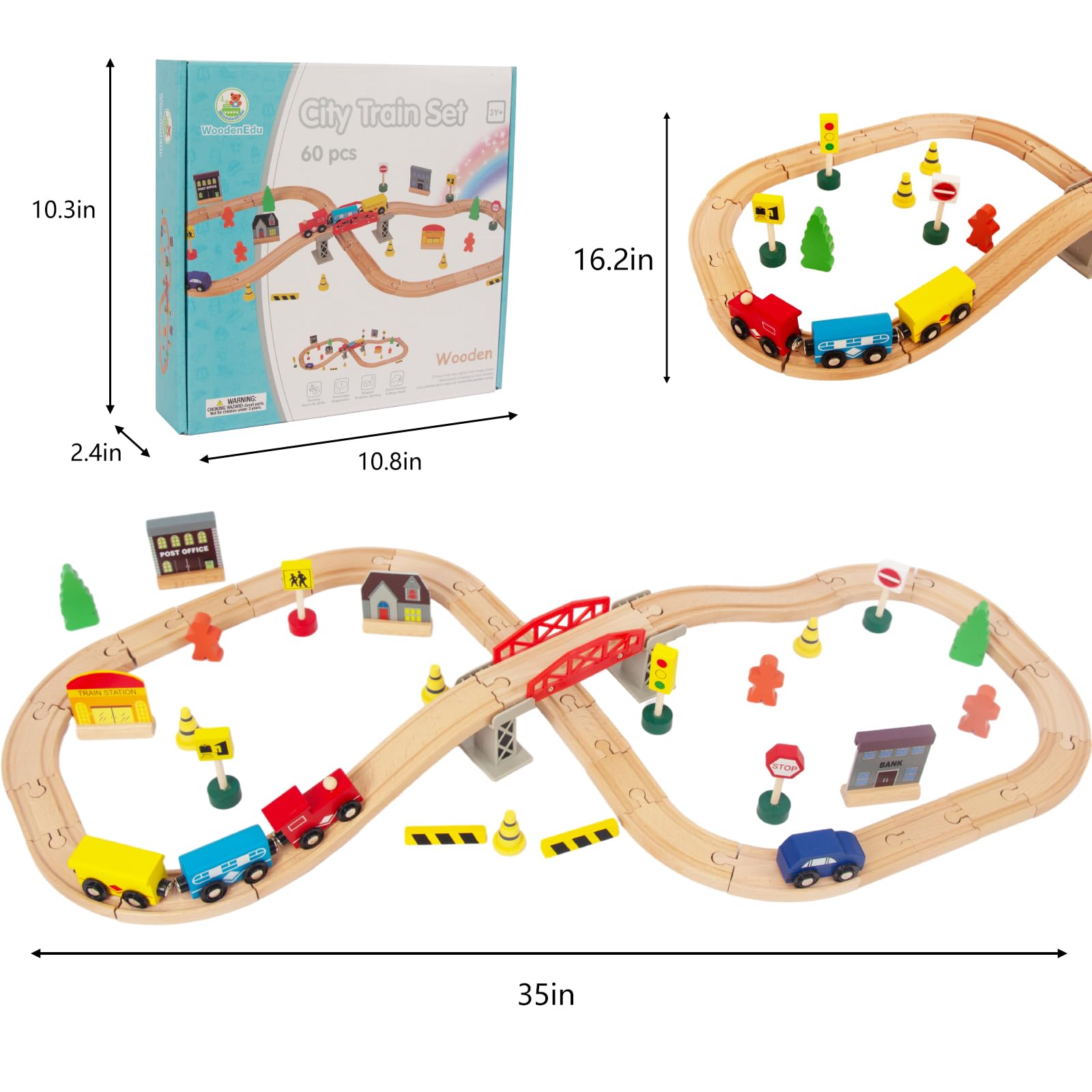 60Pcs Train Set for Toddlers, Bridge & Double-Side Wooden Train Set Tracks, Fits Brio, Thomas, Melissa and Doug, Kids Gift Toys for 3 4 5 Years Old Boys Girls