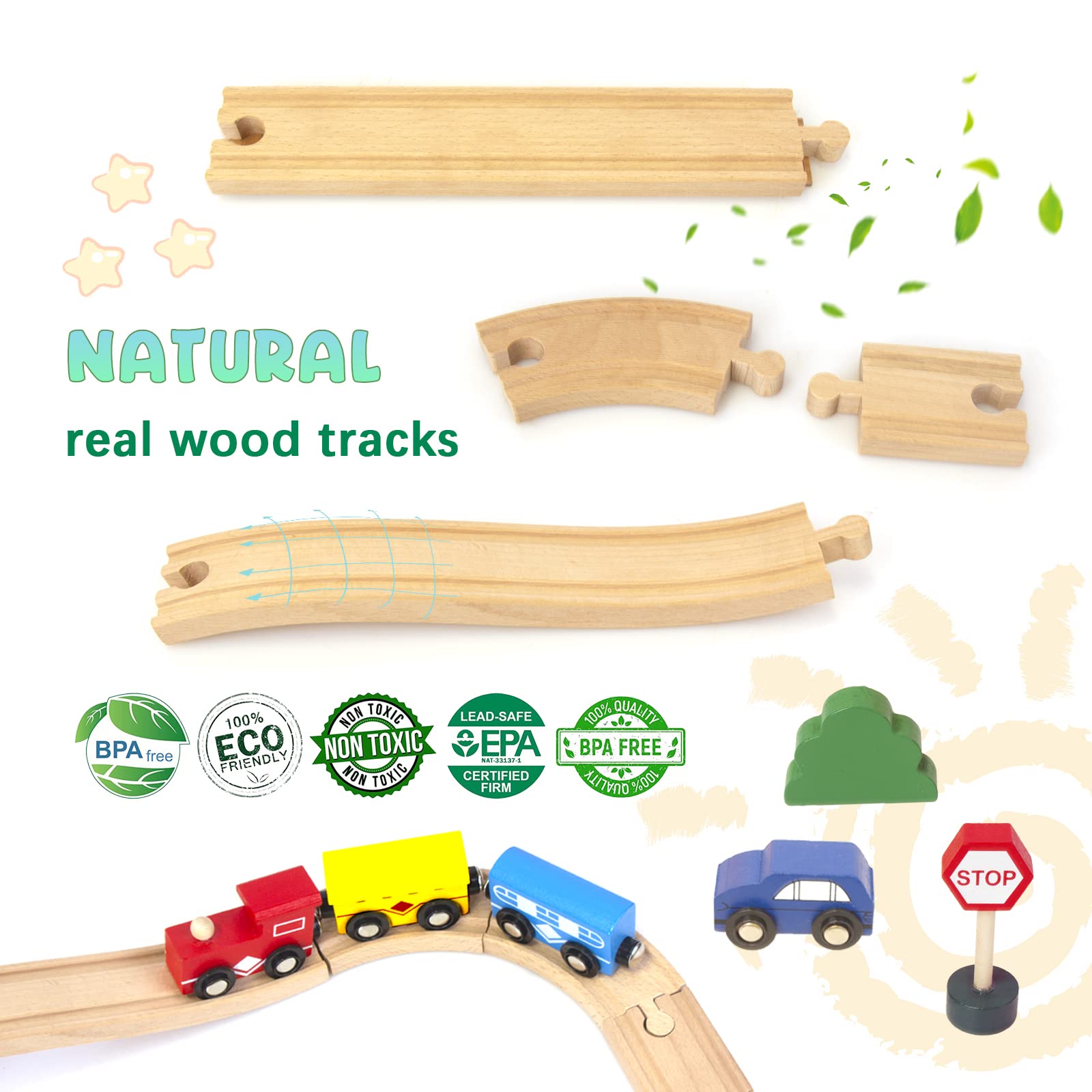 60Pcs Train Set for 3 Year Old Boys, Double-Side Wooden Train Set Tracks for Toddlers, Fits Brio, Thomas, Melissa and Doug, Kids Wood Train Toys for 3 4 5 Year Old Boys and Girls (Yellow)