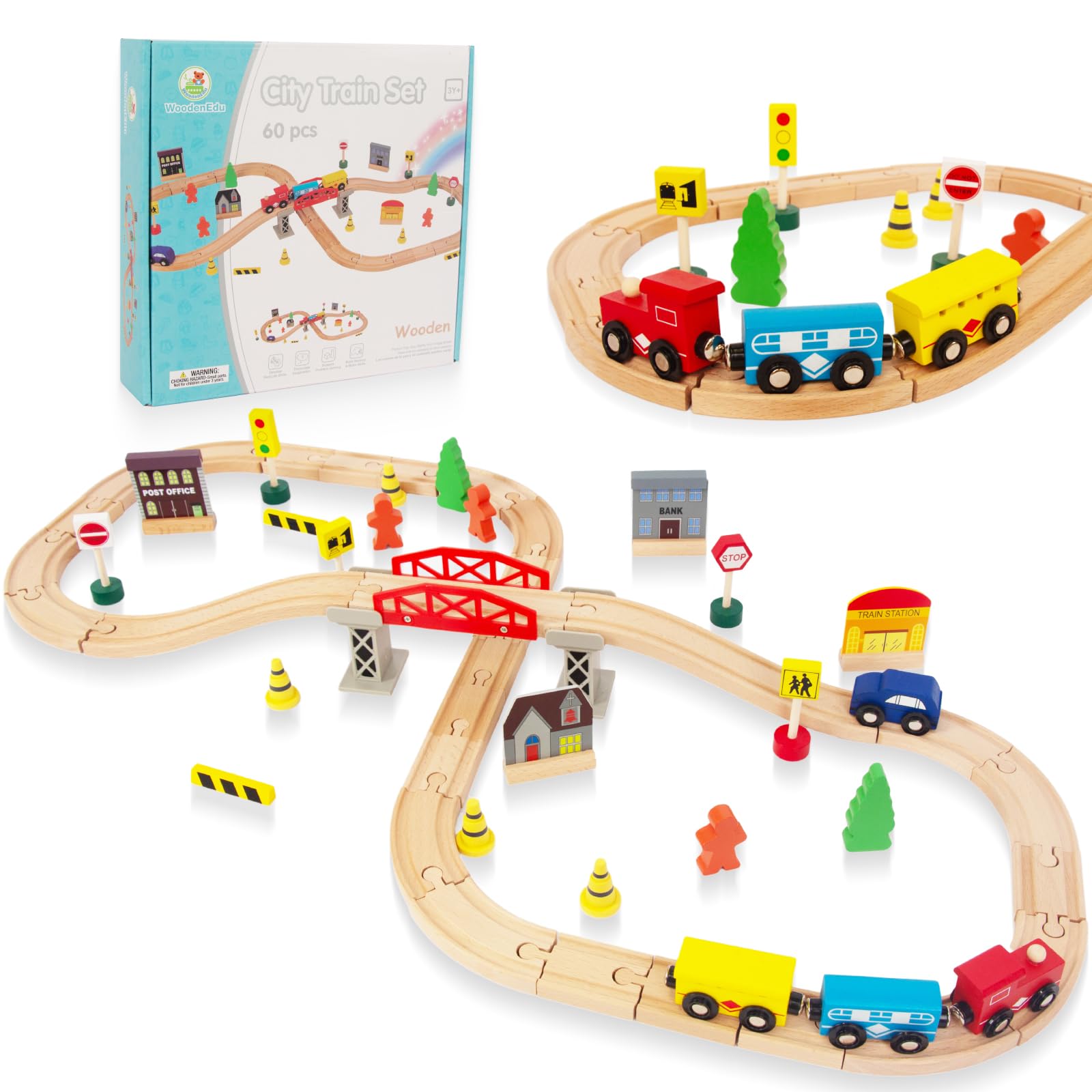 60Pcs Train Set for Toddlers, Bridge & Double-Side Wooden Train Set Tracks, Fits Brio, Thomas, Melissa and Doug, Kids Gift Toys for 3 4 5 Years Old Boys Girls