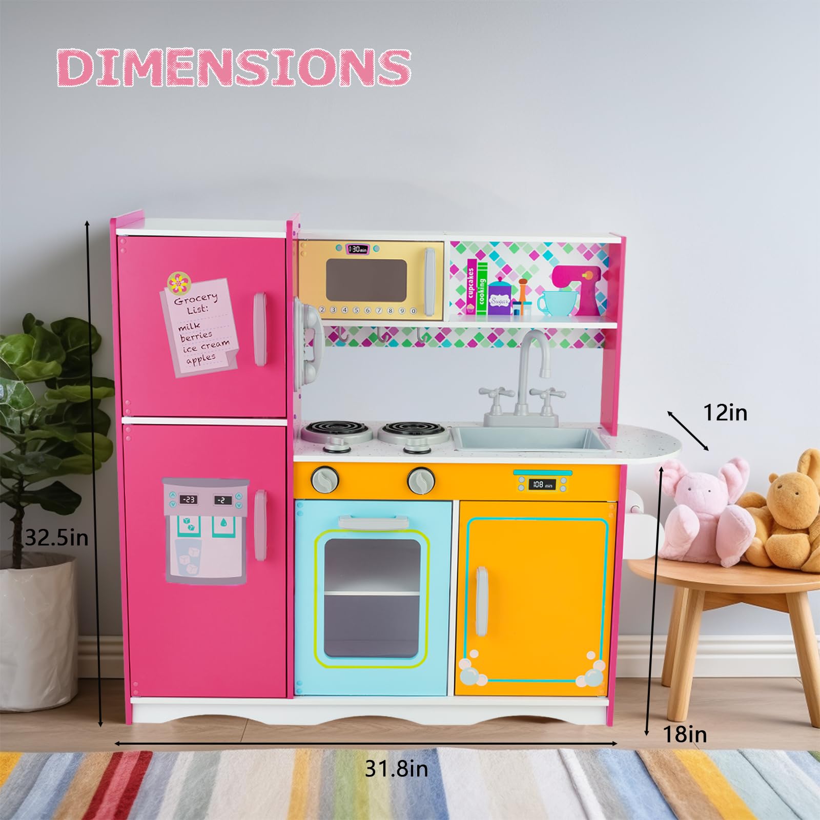 Kitchen Playset for Kids Ages 3-8, Wooden Pretend Play Kitchen, Incloud Telephone, Ice Maker, Refrigerator, Dimensions: 35” H x 31” W x 12” D (Multicolored)