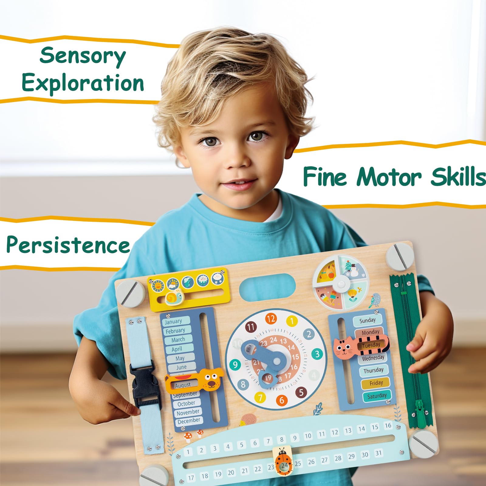 Montessori Busy Board for Toddlers 1-3, Double-Sided Wooden Sensory Toys, Preschool Learning Activities for Fine Motor Skills Travel Toy for 1 2 3 Years Old Kids Boys Girls (Style 1)