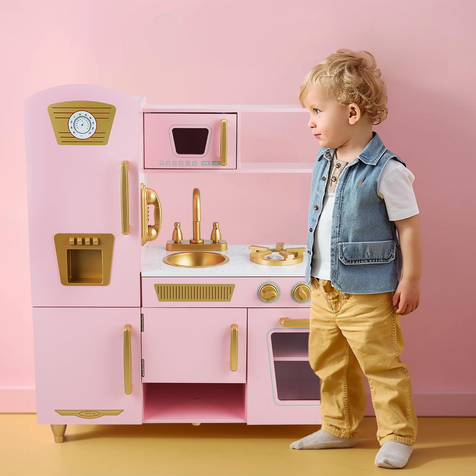 Kitchen Playset for Kids Ages 3-8, Wooden Pretend Play Kitchen, Incloud Telephone, Ice Maker, Refrigerator, Dimensions: 35” H x 31” W x 12” D (Multicolored)