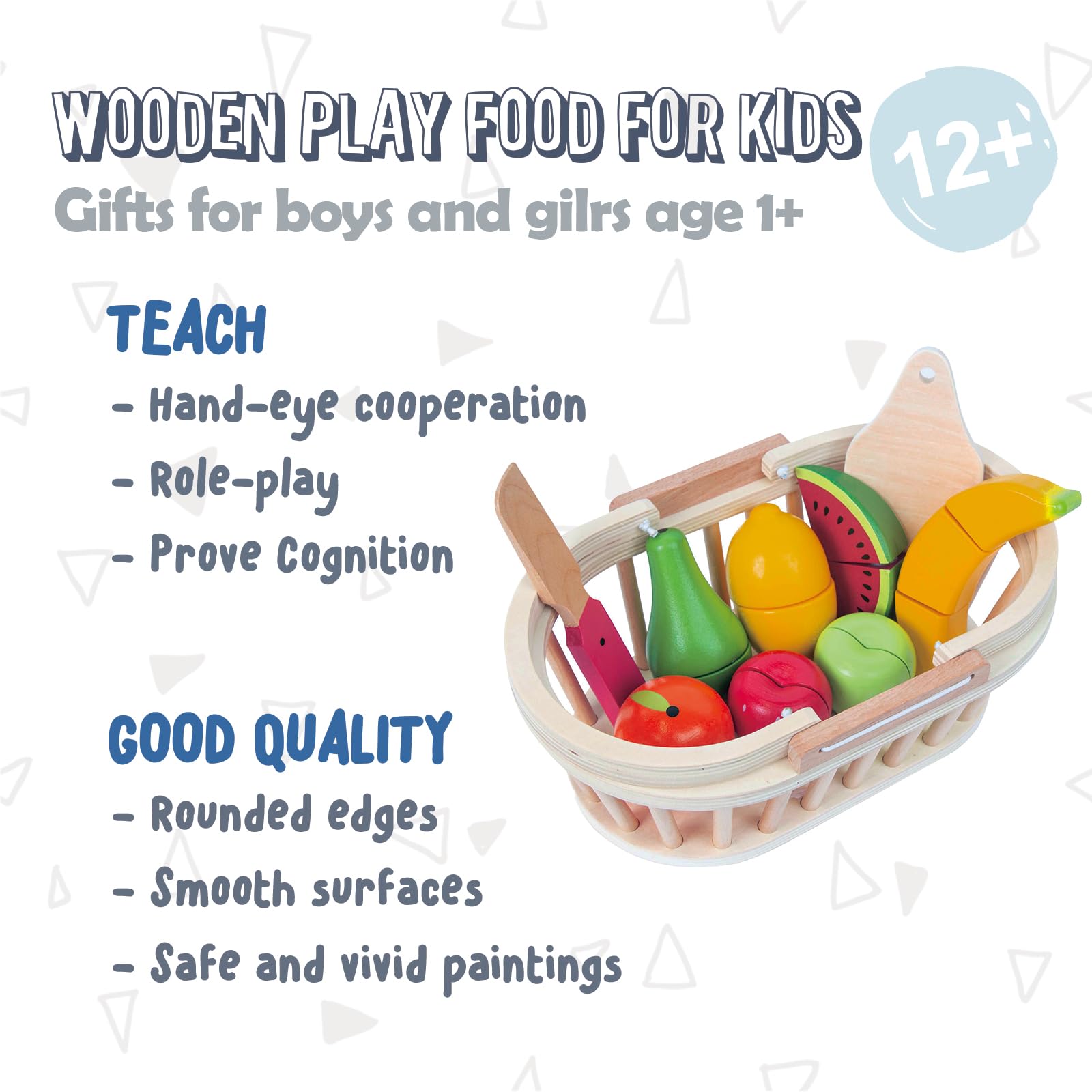 Wooden Cutting Fruits Vegetables Set for Kids, Pretend Play Food Toy Set with Wooden Knife, Tray and Basket for Boys Girls (Fruit Basket)