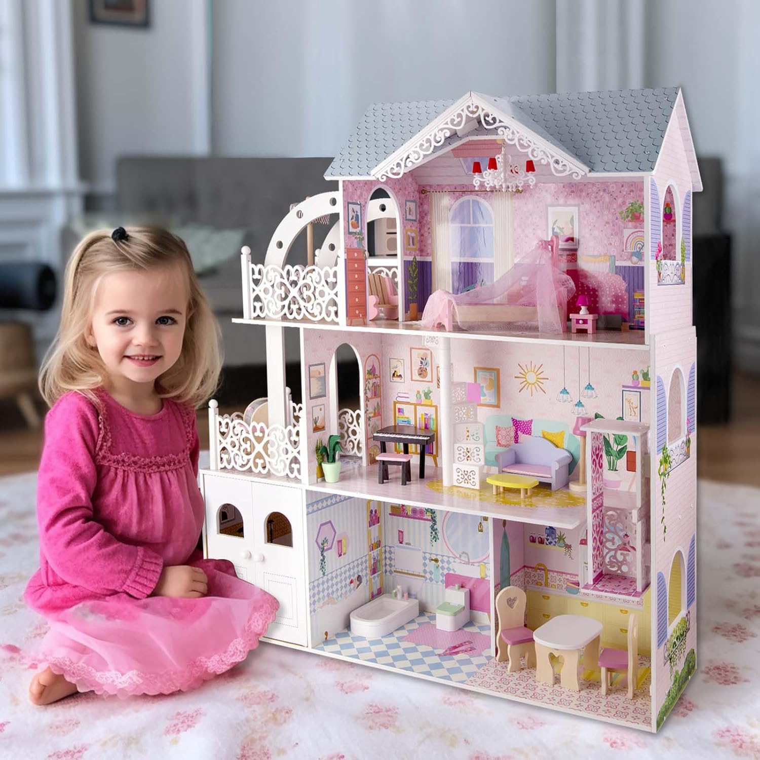 Wooden Dollhouse with Furniture for Kids Girls, Toy Gift for 3 4 5 6 Years Old