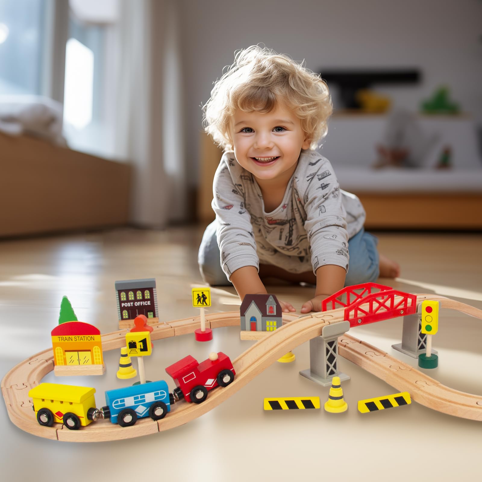 60Pcs Train Set for Toddlers, Bridge & Double-Side Wooden Train Set Tracks, Fits Brio, Thomas, Melissa and Doug, Kids Gift Toys for 3 4 5 Years Old Boys Girls