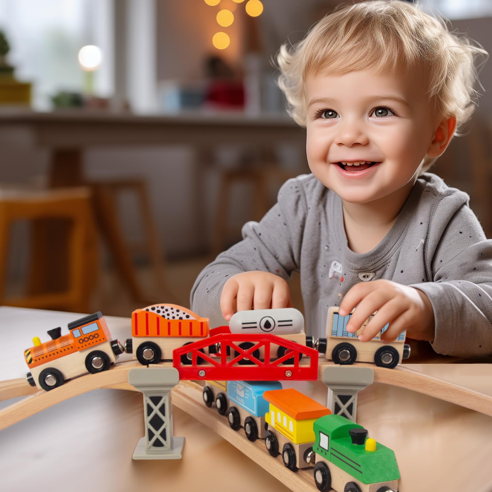 Wooden Train Sets for Toddlers, 9 Pcs Train Toy Magnetic Sets Fits Brio, Thomas, Melissa and Doug, Kids for Boys Girls 3 4 5 Years Old