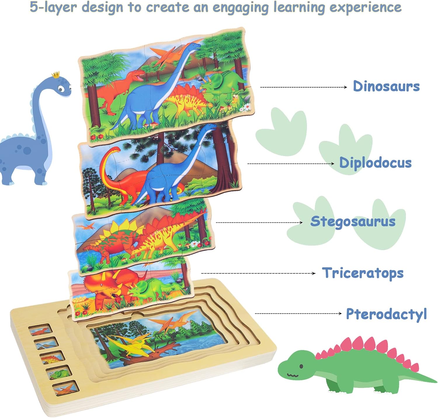 Wooden Dinosaur Puzzles for Kids Ages 3-5,4 Packs Jigsaw Puzzles Preschool Educational Brain Teaser Boards Toys Montessori Toys for 3 Years Old and Up