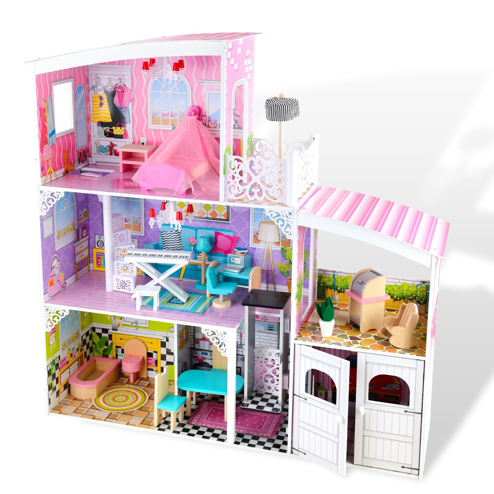 Wooden Dollhouse with Furniture for Kids Girls, Toys for 3 4 5 6 Years Old (Style 2)