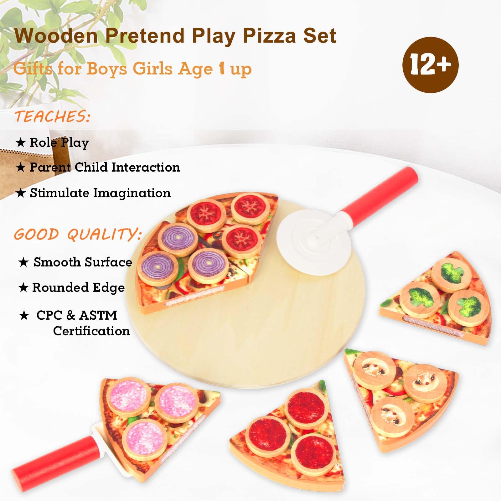 Cutting Play Food Toy for Kids Kitchen,Wooden Pizza Set Pretend Play Kitchen Accessories,Learning Toy Birthday Gifts for Boys Girls Toddlers (6 pcs Set)