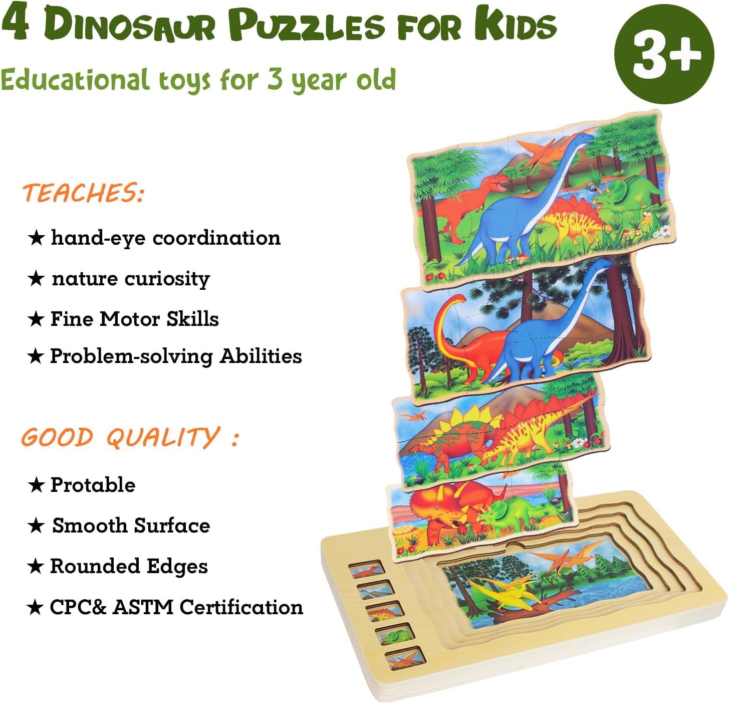 Wooden Dinosaur Puzzles for Kids Ages 3-5,4 Packs Jigsaw Puzzles Preschool Educational Brain Teaser Boards Toys Montessori Toys for 3 Years Old and Up