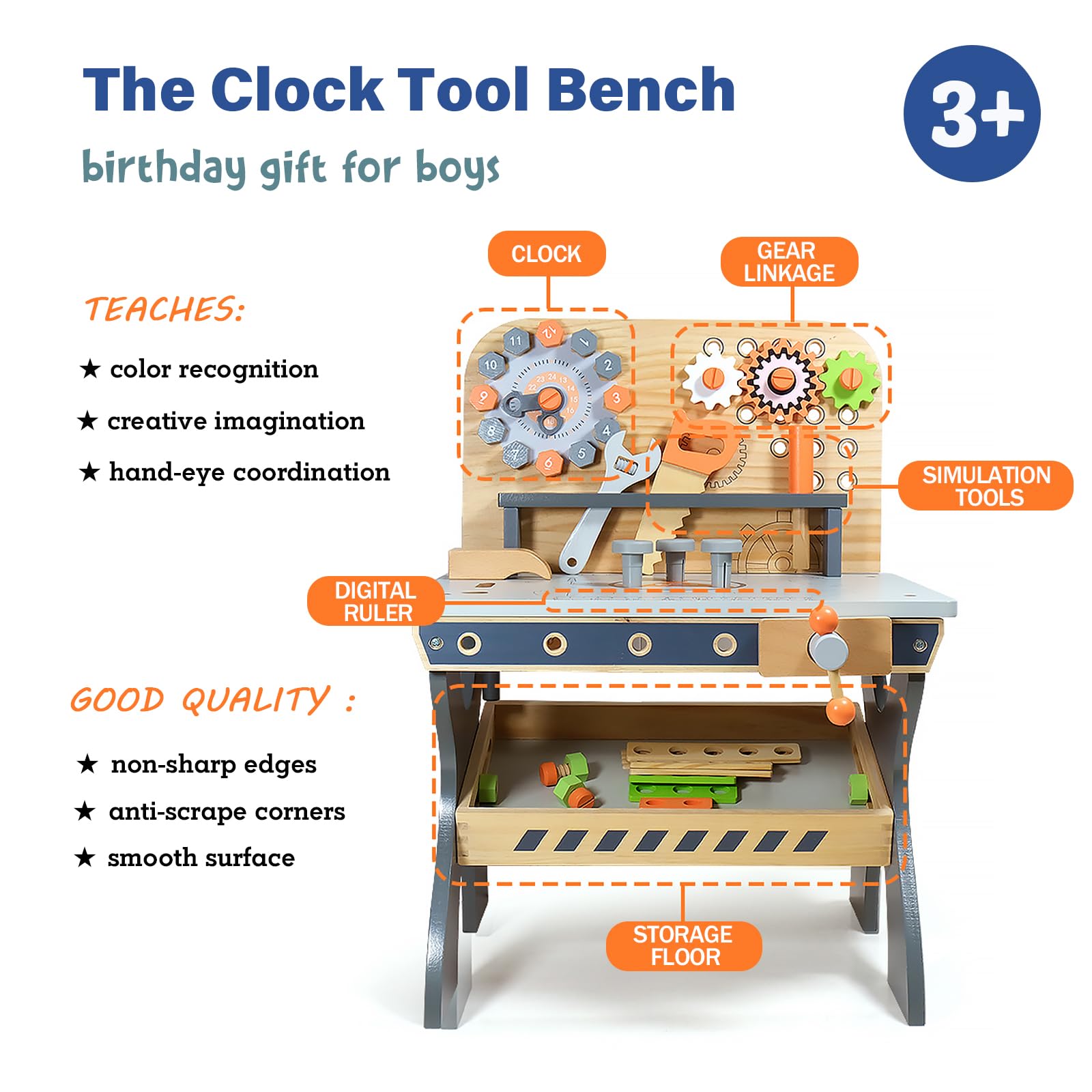 Wooden Tool Workbench for Kids,Pretend Play Tool Bench Workshop with Wrench, Screwdriver, Miter Saw and Hammer,Educational Gift for Age 3 and Up (Clock Bench)