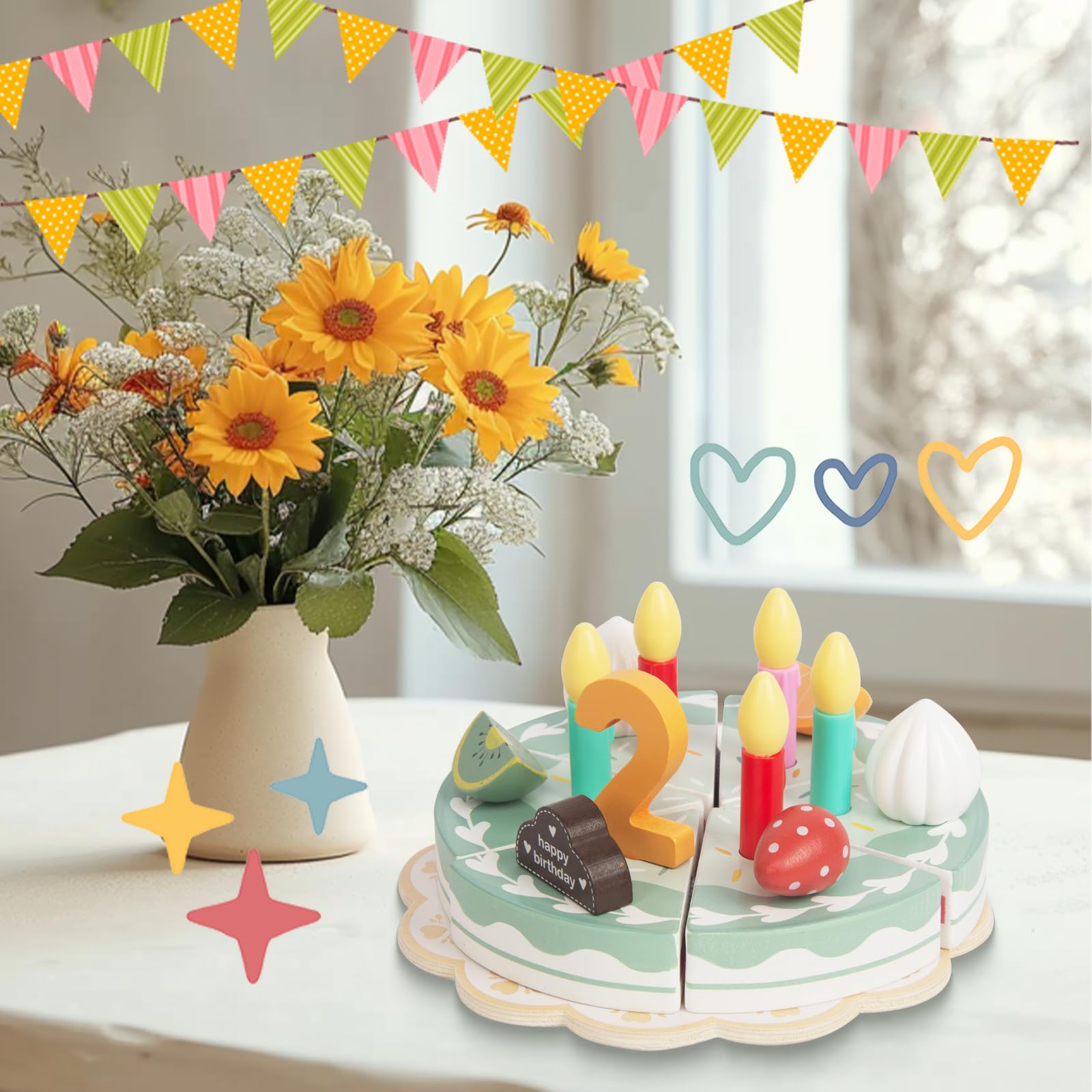 Pretend Play Food for Toddlers 1-3,Wooden Birthday Fake Cake with Candles and Numbers,Tea Party Learning Kitchen Gift Toys for Boys Girls (Rainbow Cake)
