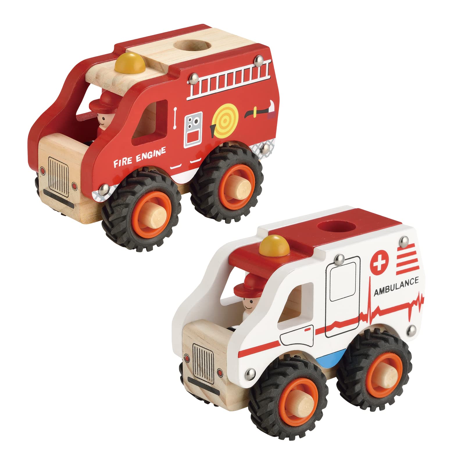 Wooden Push Car Toys for Infants 18 Months, 2 Pcs Baby Vehicle Toys Hand Push Car Toys for 2 Year Old Boys Girls (Ambulance + Fire Car)