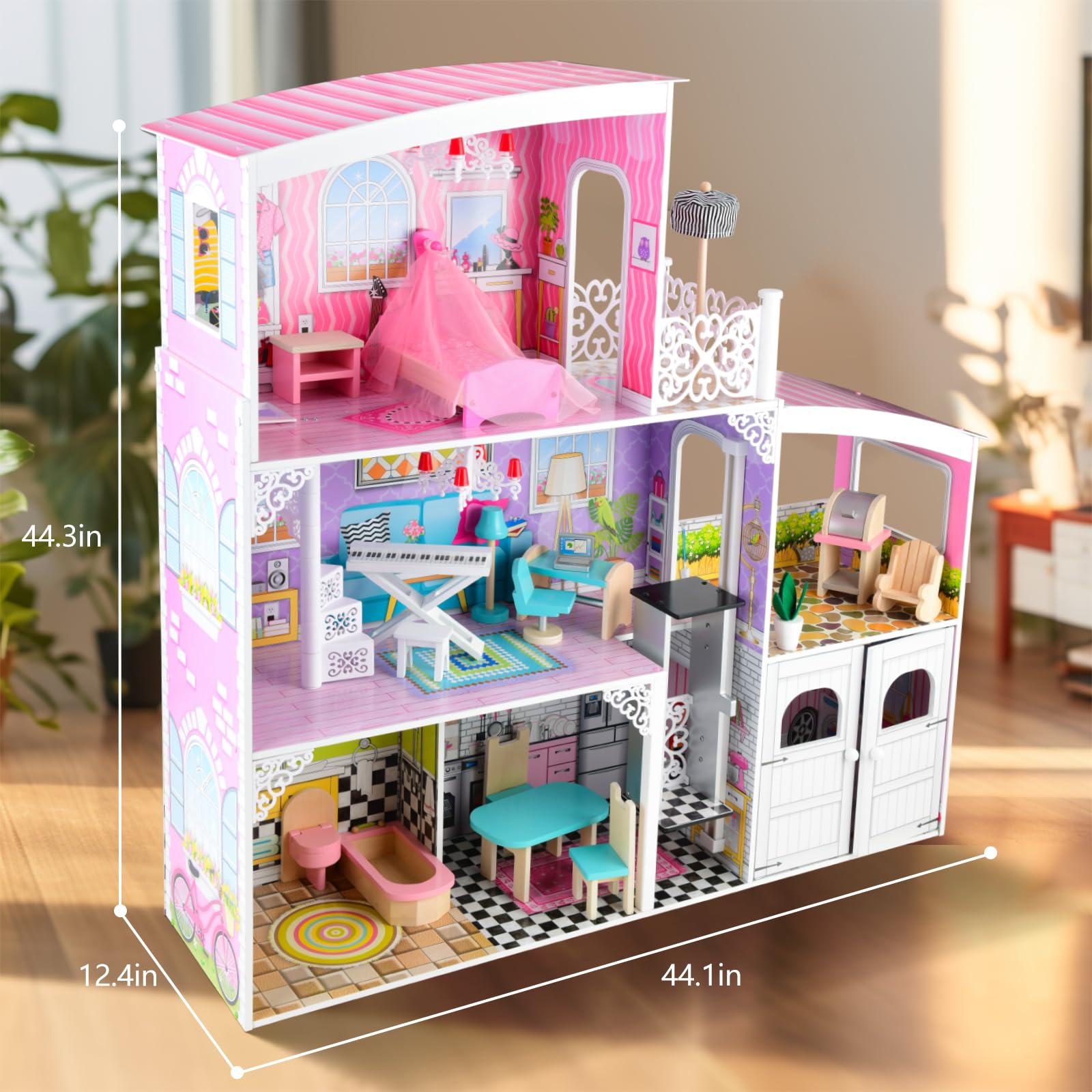 Wooden Dollhouse with Furniture for Kids Girls, Toys for 3 4 5 6 Years Old (Style 2)