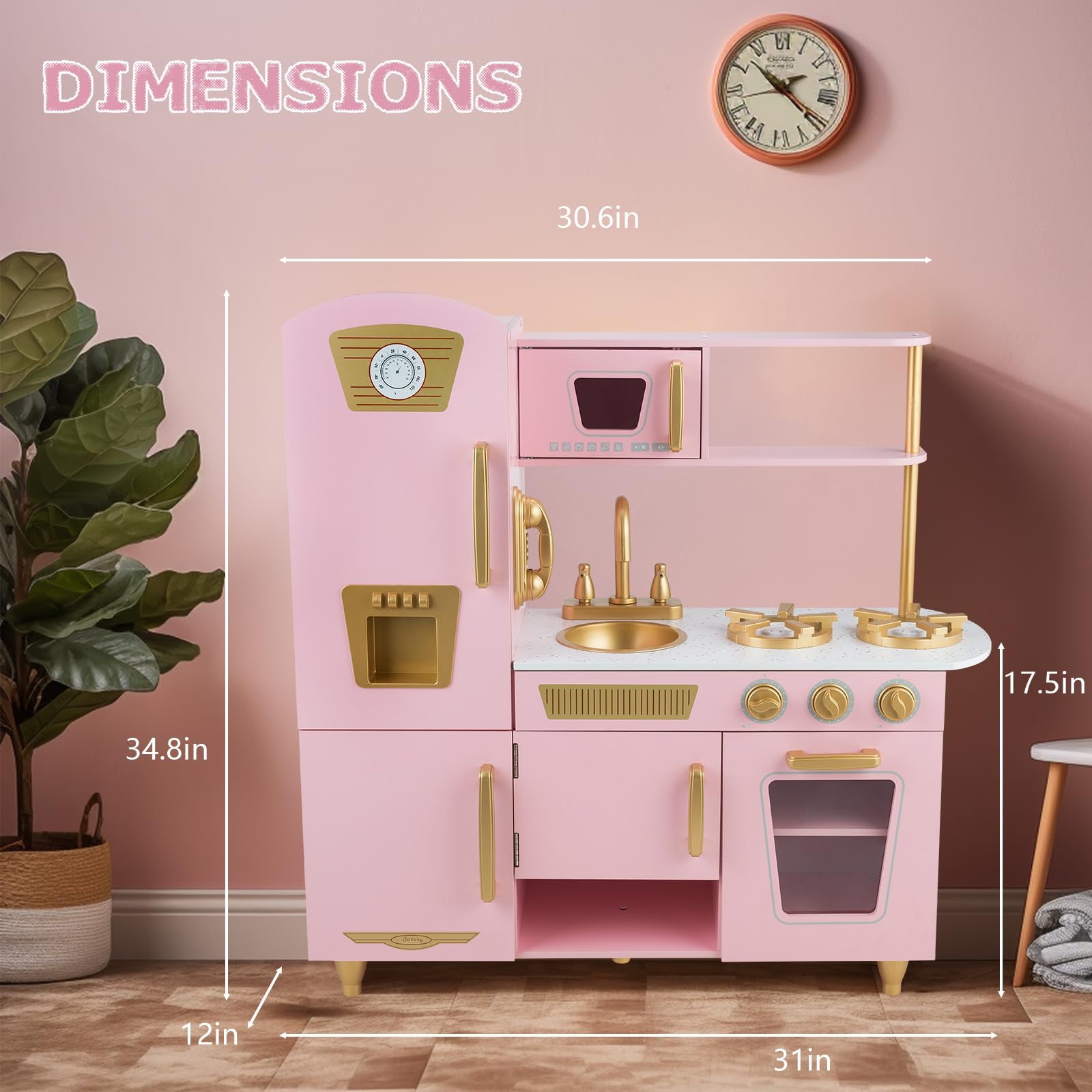 Kitchen Playset for Kids Ages 3-8, Wooden Pretend Play Kitchen with Cooking Accessories and Cutting Play Food, Including Oven, Stove, Faucet, and Sink, Dimensions: 38” H x 29” W x 12” D