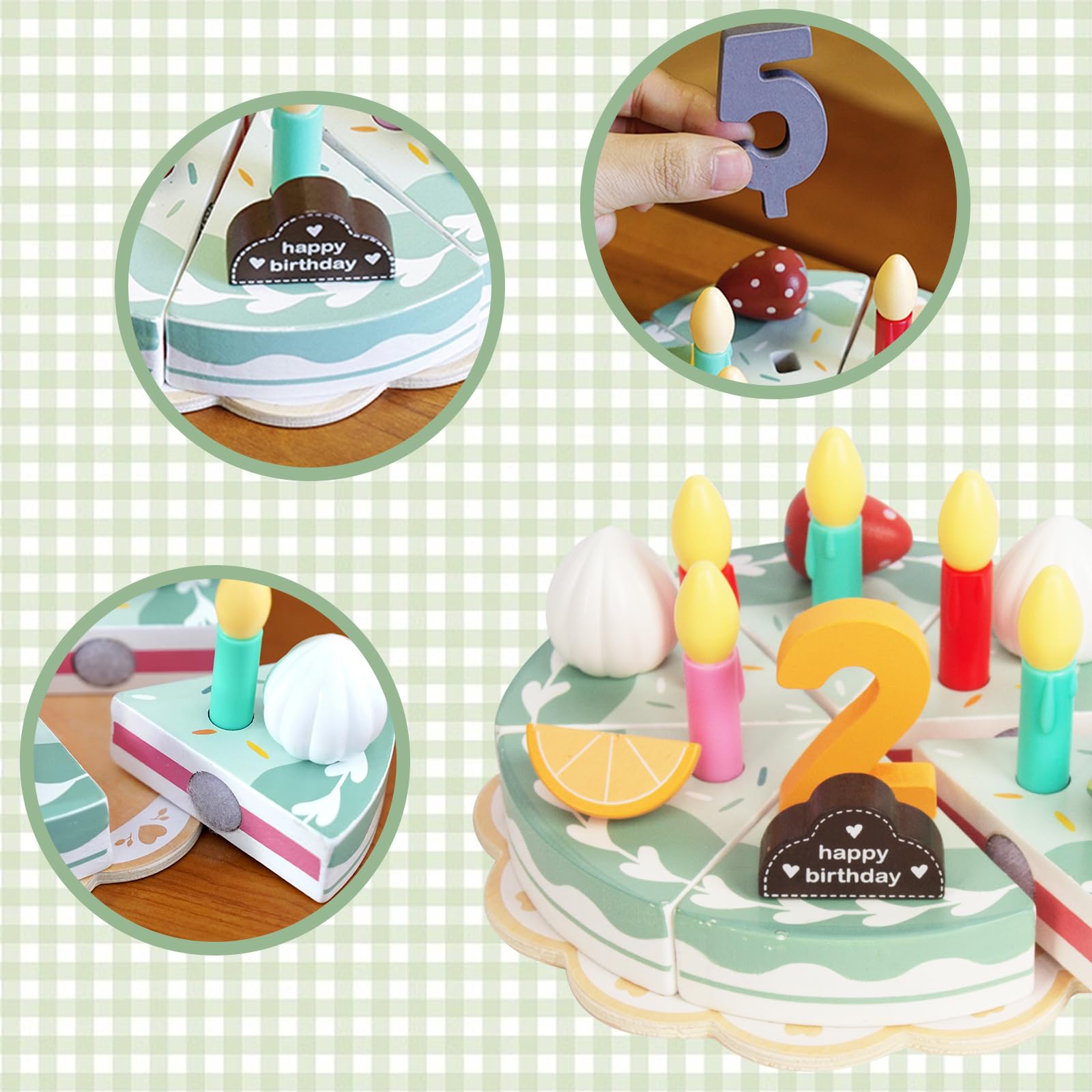 Pretend Play Food for Toddlers 1-3,Wooden Birthday Fake Cake with Candles and Numbers,Tea Party Learning Kitchen Gift Toys for Boys Girls (Rainbow Cake)