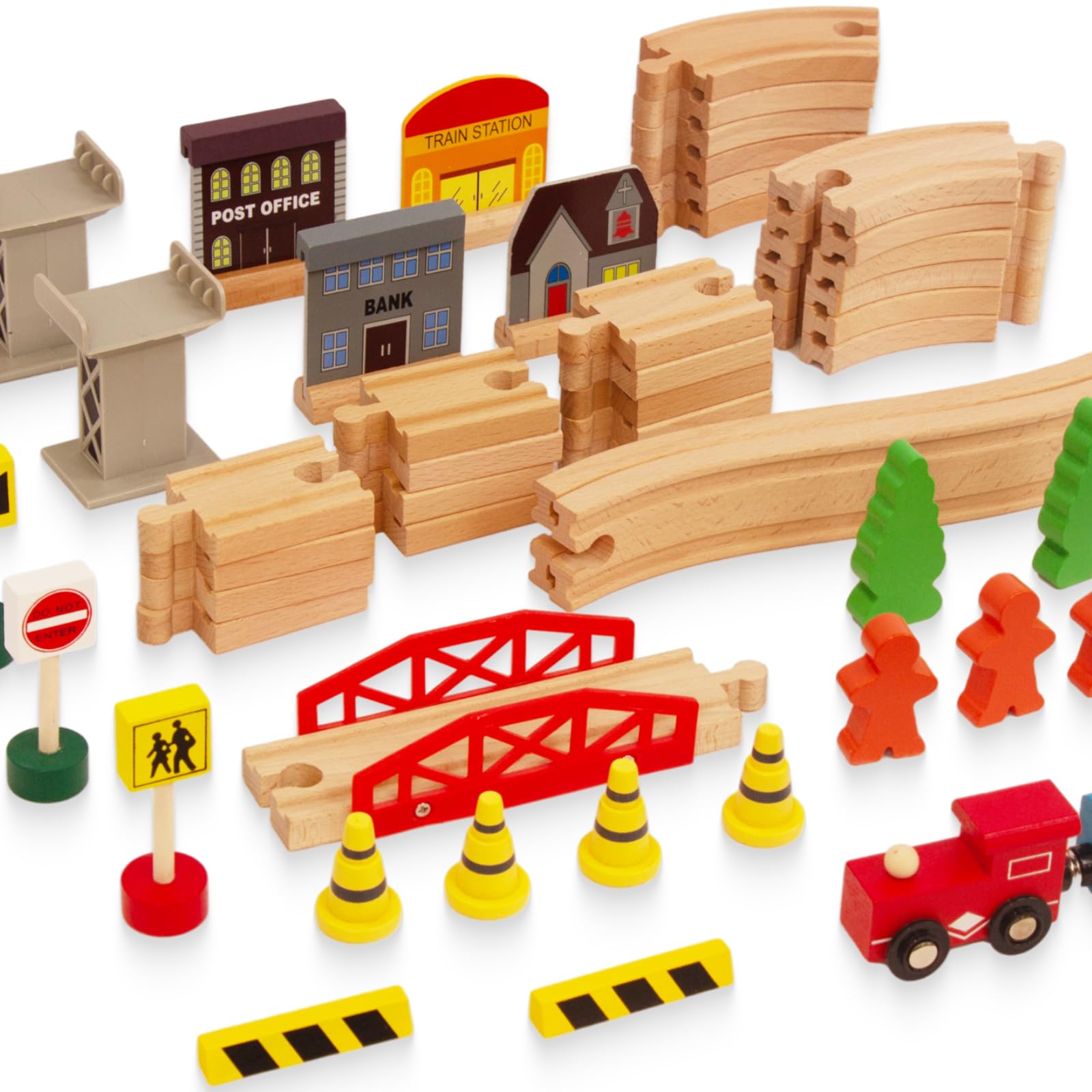 60Pcs Train Set for Toddlers, Bridge & Double-Side Wooden Train Set Tracks, Fits Brio, Thomas, Melissa and Doug, Kids Gift Toys for 3 4 5 Years Old Boys Girls