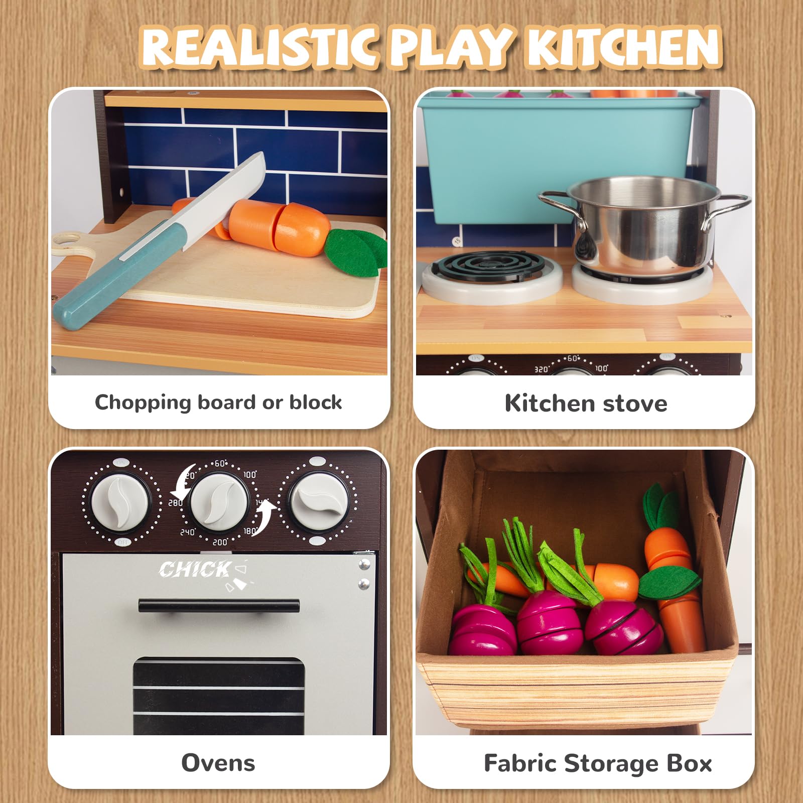 Kitchen Playset for Kids Ages 3-8, Wooden Pretend Play Kitchen with Cooking Accessories and Cutting Play Food, Including Oven, Stove, Faucet, and Sink, Dimensions: 38” H x 29” W x 12” D