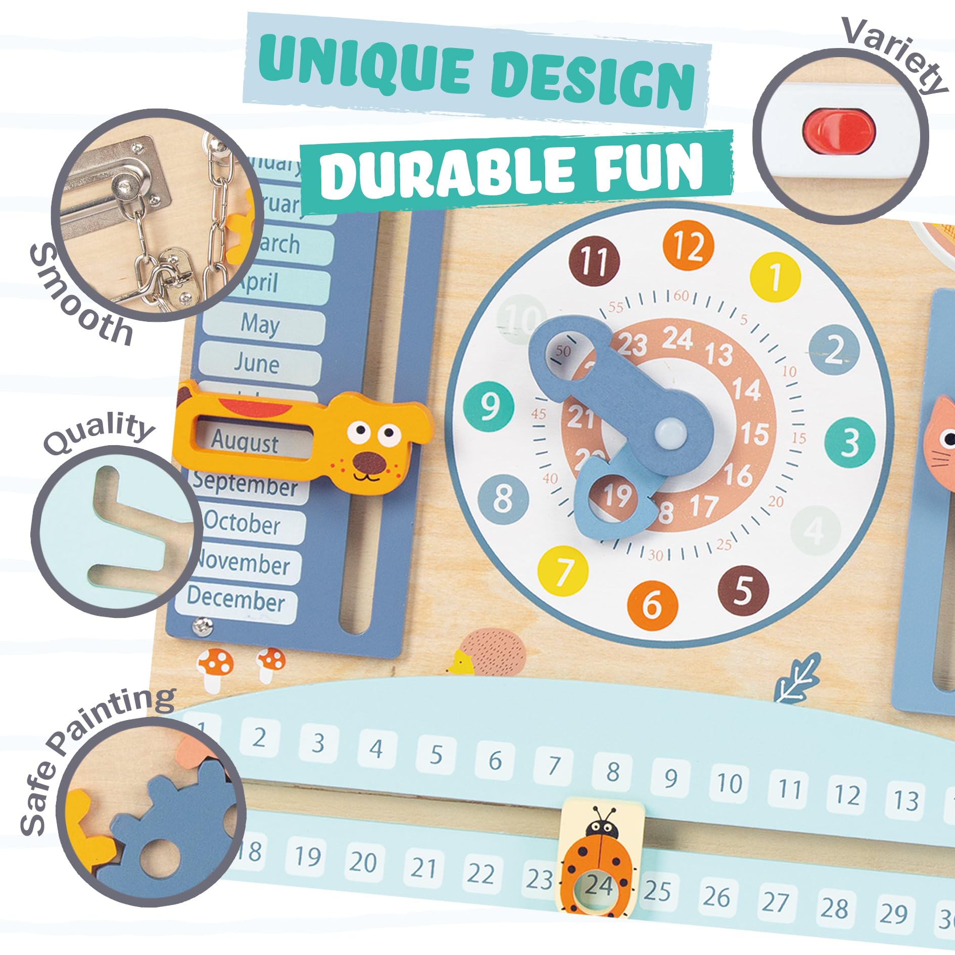 Montessori Busy Board for Toddlers 1-3, Double-Sided Wooden Sensory Toys, Preschool Learning Activities for Fine Motor Skills Travel Toy for 1 2 3 Years Old Kids Boys Girls (Style 1)