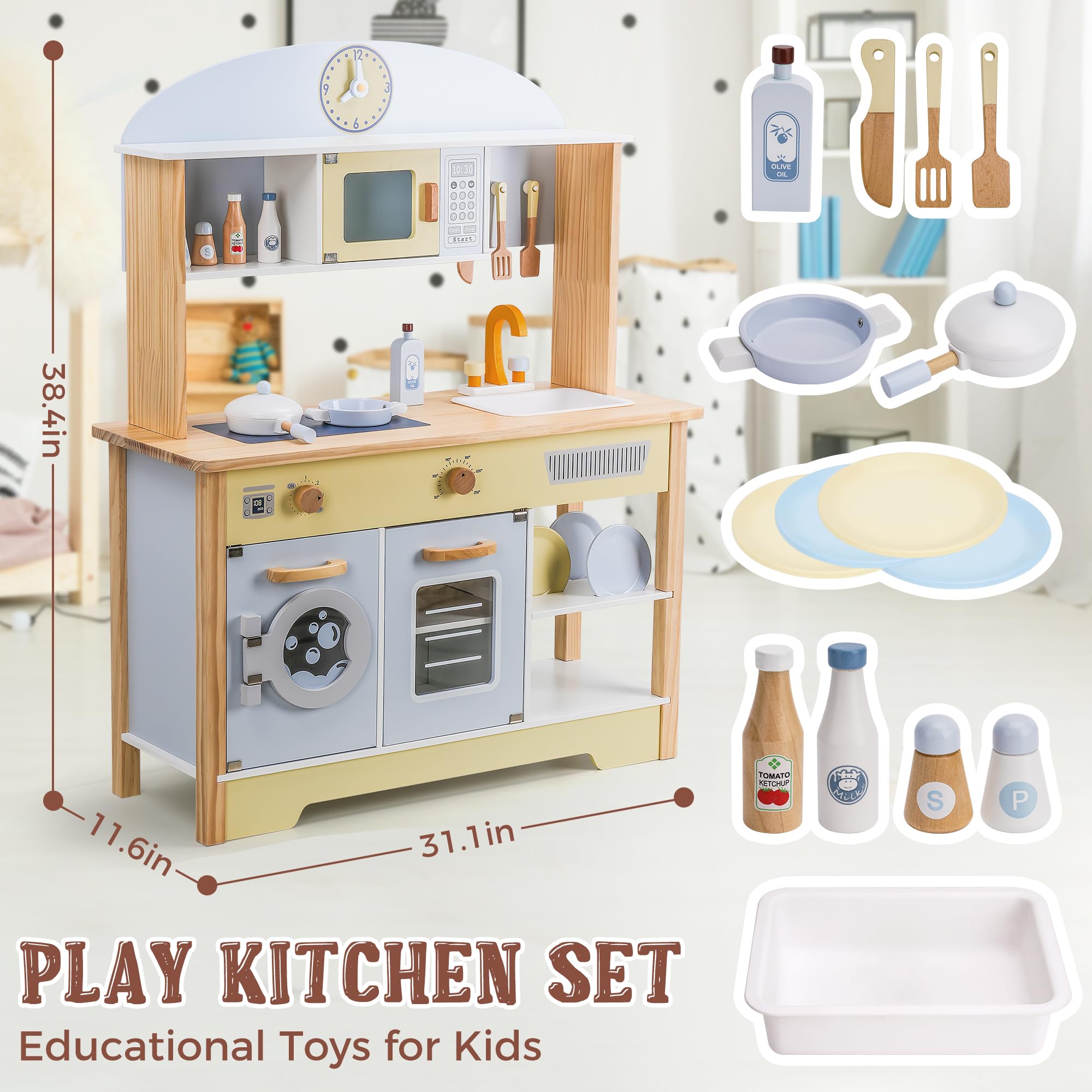 Kitchen Playset for Kids Ages 3-8, Wooden Pretend Play Kitchen with Cooking Accessories and Cutting Play Food, Including Oven, Stove, Faucet, and Sink, Dimensions: 38” H x 29” W x 12” D