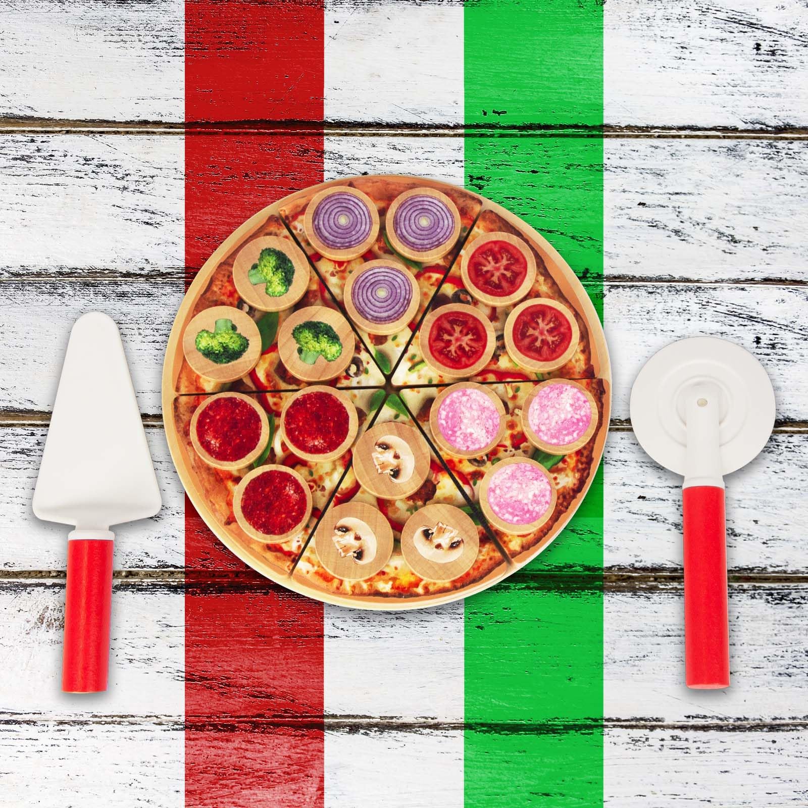 Cutting Play Food Toy for Kids Kitchen,Wooden Pizza Set Pretend Play Kitchen Accessories,Learning Toy Birthday Gifts for Boys Girls Toddlers (6 pcs Set)