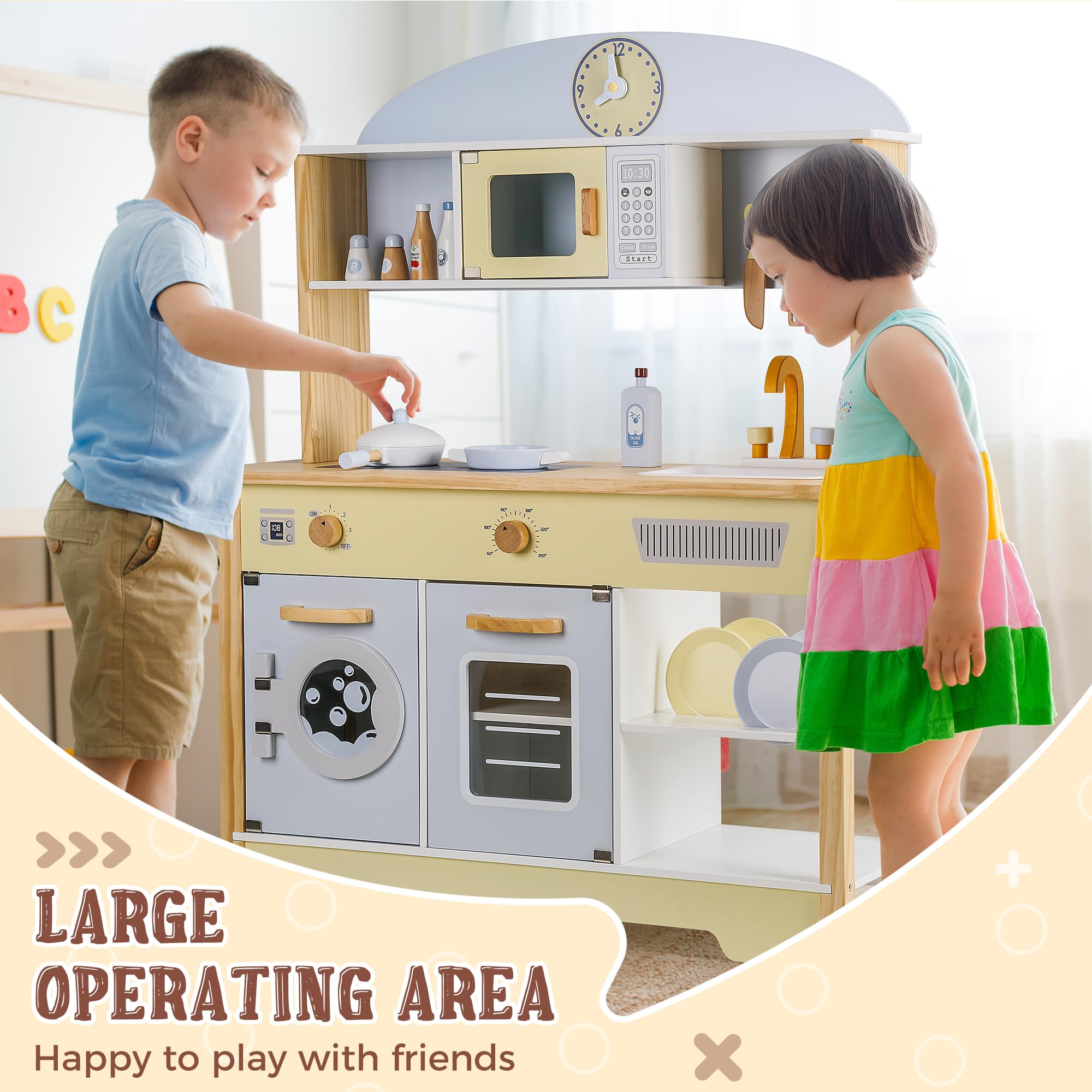 Kitchen Playset for Kids Ages 3-8, Wooden Pretend Play Kitchen with Cooking Accessories and Cutting Play Food, Including Oven, Stove, Faucet, and Sink, Dimensions: 38” H x 29” W x 12” D