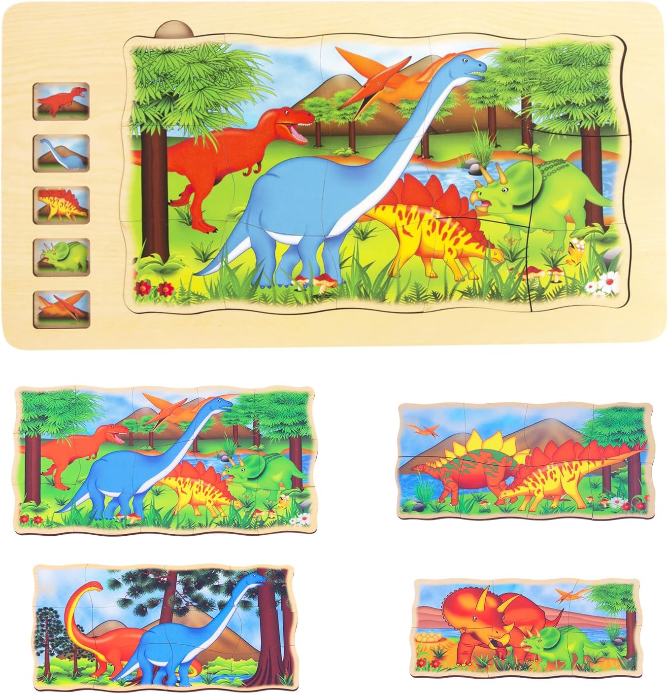 Wooden Dinosaur Puzzles for Kids Ages 3-5,4 Packs Jigsaw Puzzles Preschool Educational Brain Teaser Boards Toys Montessori Toys for 3 Years Old and Up