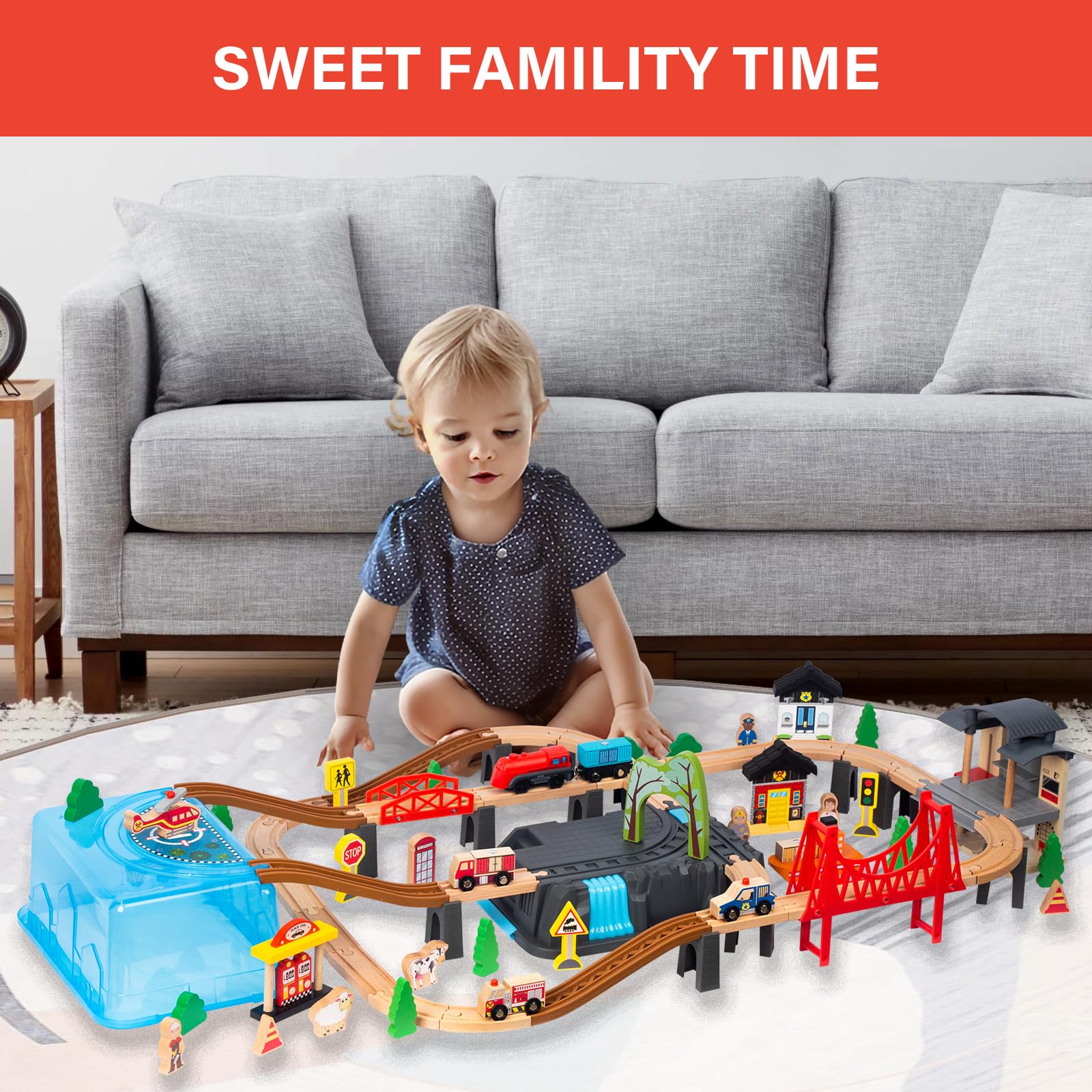 60Pcs Train Set for Toddlers, Bridge & Double-Side Wooden Train Set Tracks, Fits Brio, Thomas, Melissa and Doug, Kids Gift Toys for 3 4 5 Years Old Boys Girls