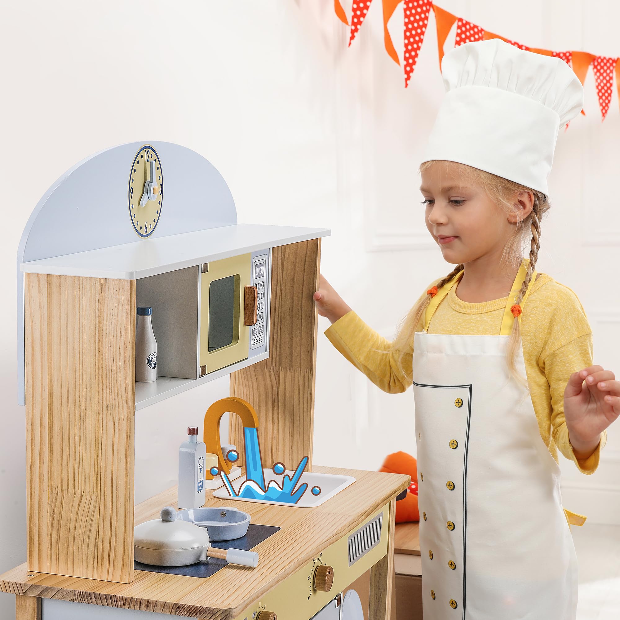 Kitchen Playset for Kids Ages 3-8, Wooden Pretend Play Kitchen with Cooking Accessories and Cutting Play Food, Including Oven, Stove, Faucet, and Sink, Dimensions: 38” H x 29” W x 12” D