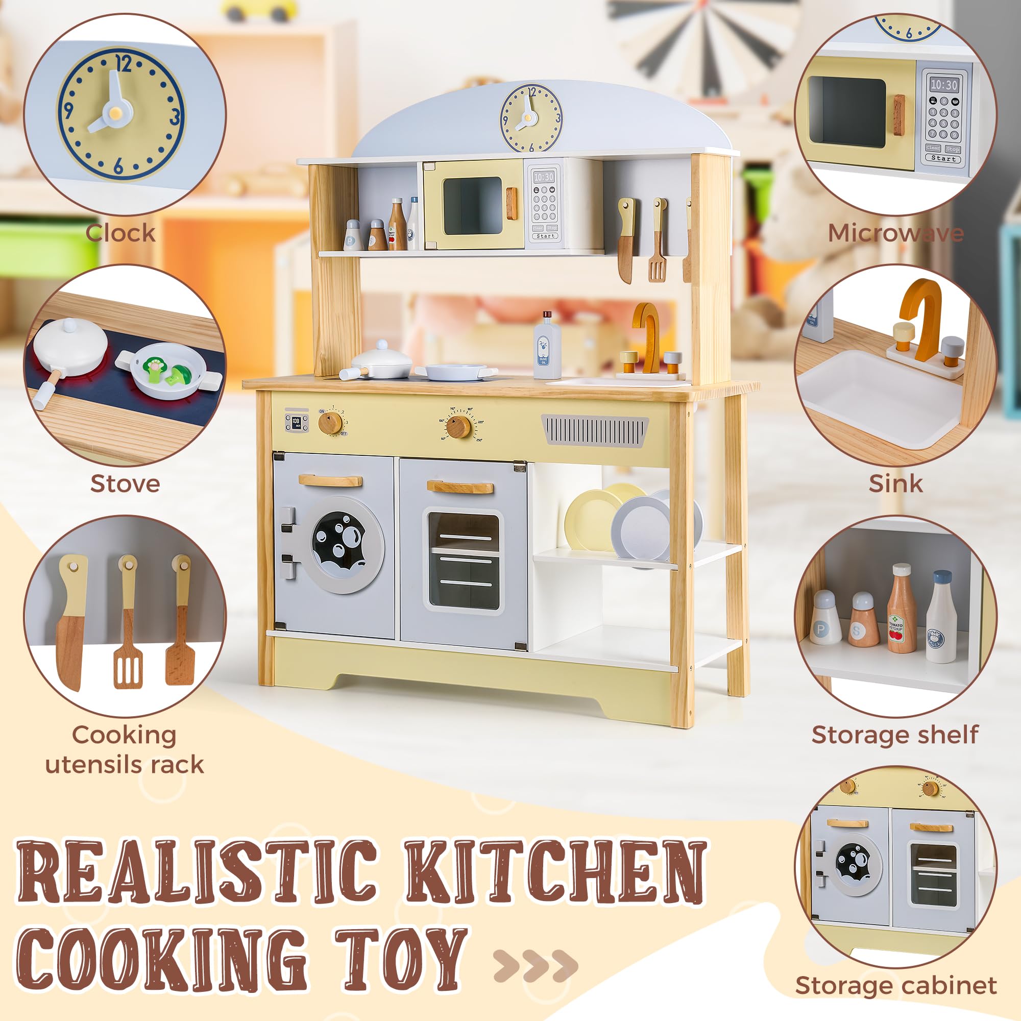 Kitchen Playset for Kids Ages 3-8, Wooden Pretend Play Kitchen with Cooking Accessories and Cutting Play Food, Including Oven, Stove, Faucet, and Sink, Dimensions: 38” H x 29” W x 12” D