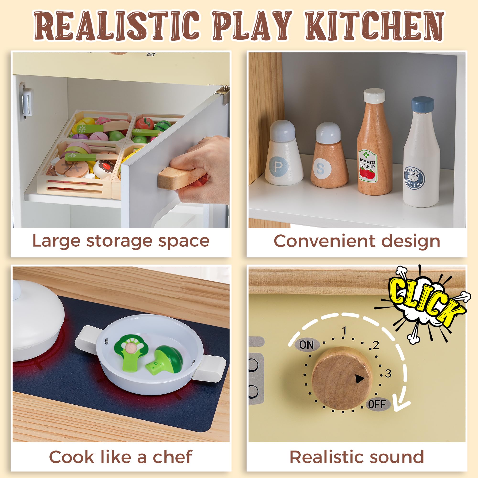 Kitchen Playset for Kids Ages 3-8, Wooden Pretend Play Kitchen with Cooking Accessories and Cutting Play Food, Including Oven, Stove, Faucet, and Sink, Dimensions: 38” H x 29” W x 12” D